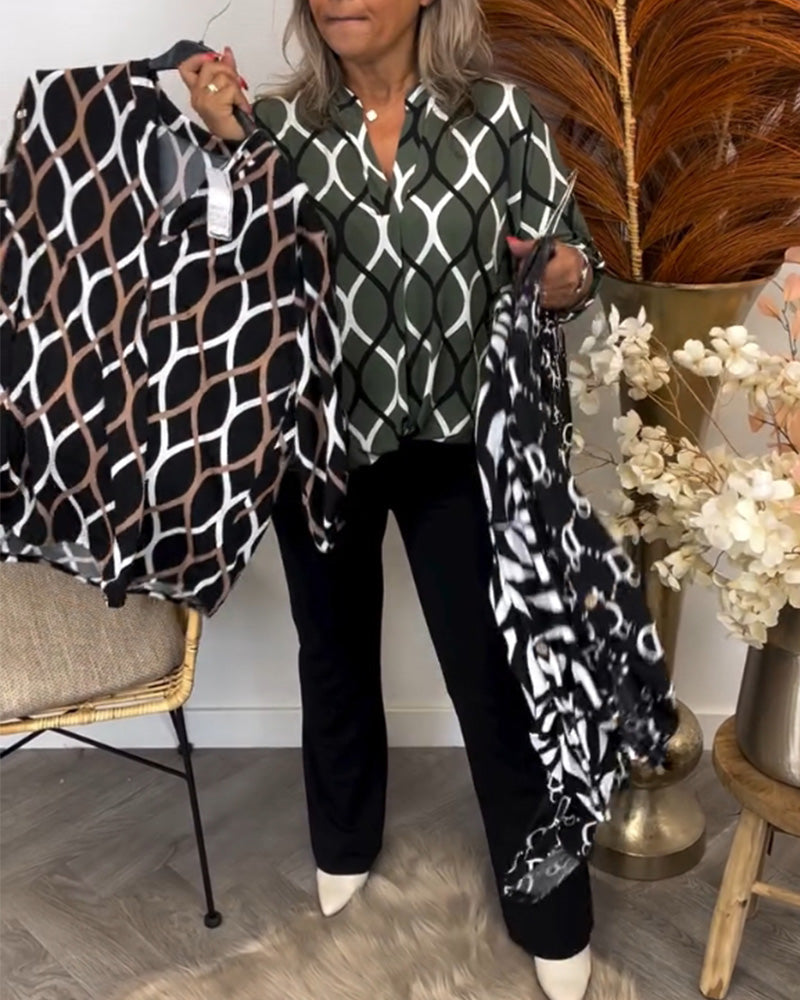 Casual Long-Sleeve Blouse with Elegant Pattern