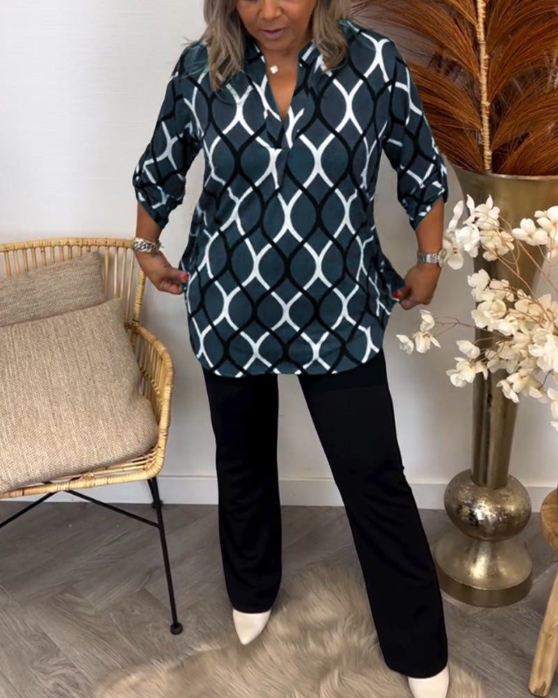 Casual Long-Sleeve Blouse with Elegant Pattern