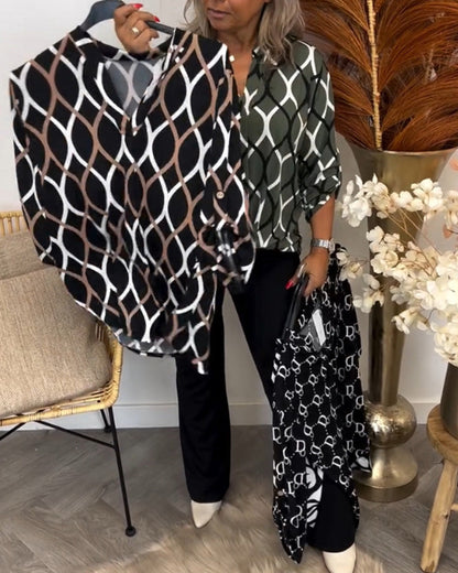 Casual Long-Sleeve Blouse with Elegant Pattern