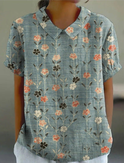 Cotton-Linen Blouse with Pastoral Floral Motif