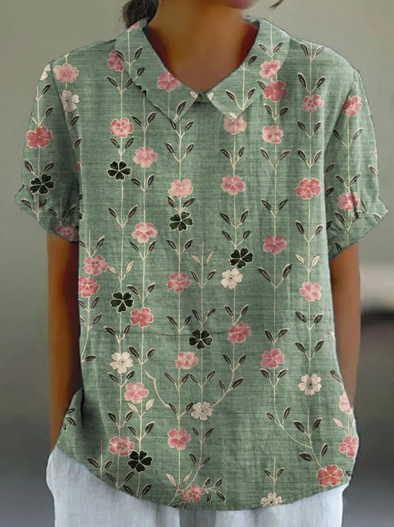 Cotton-Linen Blouse with Pastoral Floral Motif