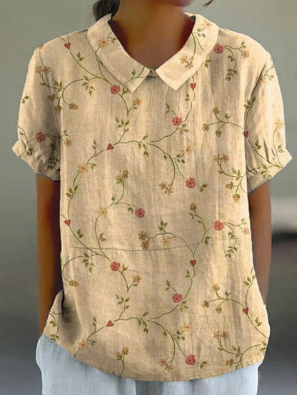 Cotton-Linen Blouse with Pastoral Floral Motif