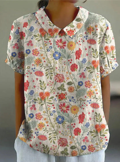 Cotton-Linen Blouse with Pastoral Floral Motif