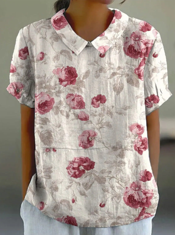 Cotton-Linen Blouse with Pastoral Floral Motif