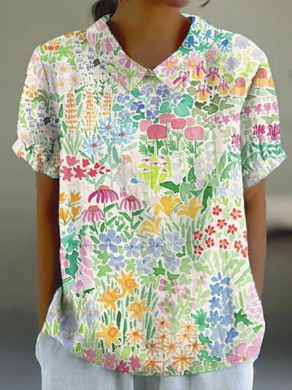 Cotton-Linen Blouse with Pastoral Floral Motif